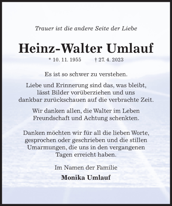 Traueranzeige von Heinz-Walter Umlauf von Hildesheimer Allgemeine Zeitung