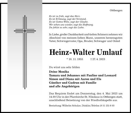 Traueranzeige von Heinz-Walter Umlauf von Hildesheimer Allgemeine Zeitung