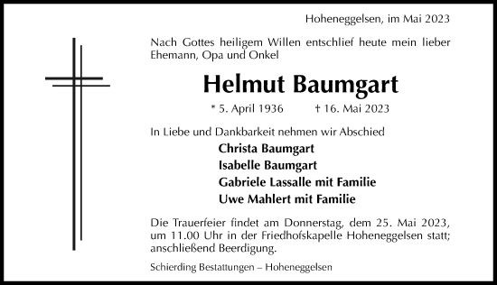 Traueranzeige von Helmut Baumgart von Hildesheimer Allgemeine Zeitung