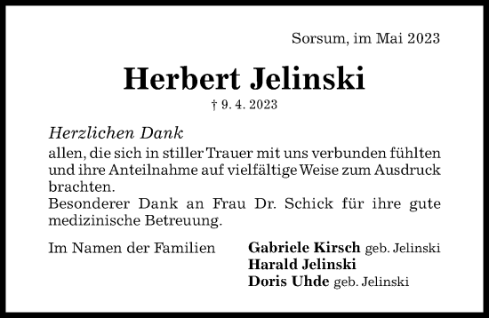 Traueranzeige von Herbert Jelinski von Hildesheimer Allgemeine Zeitung