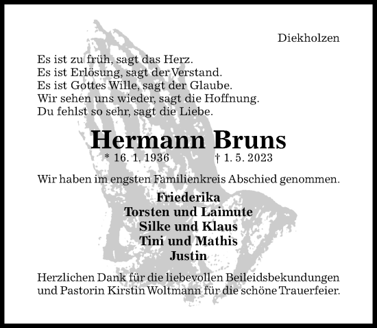 Traueranzeige von Hermann Bruns von Hildesheimer Allgemeine Zeitung