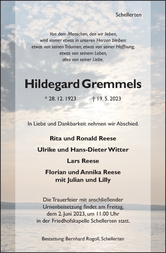  Traueranzeige für Hildegard Gremmels vom 31.05.2023 aus Hildesheimer Allgemeine Zeitung