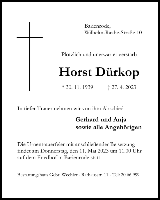 Traueranzeige von Horst Dürkop von Hildesheimer Allgemeine Zeitung