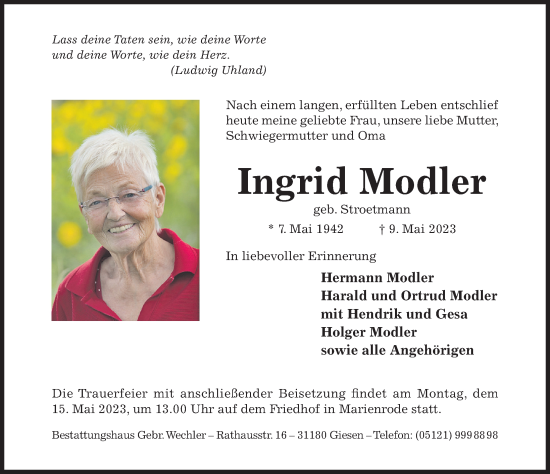 Traueranzeige von Ingrid Modler von Hildesheimer Allgemeine Zeitung