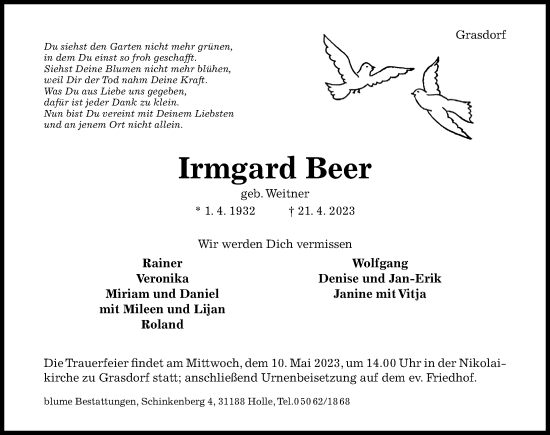 Traueranzeige von Irmgard Beer von Hildesheimer Allgemeine Zeitung