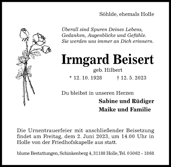 Traueranzeige von Irmgard Beisert von Hildesheimer Allgemeine Zeitung