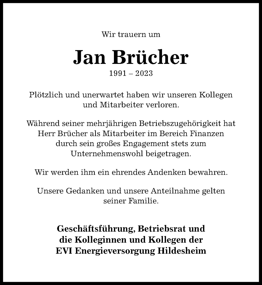  Traueranzeige für Jan Brücher vom 27.05.2023 aus Hildesheimer Allgemeine Zeitung