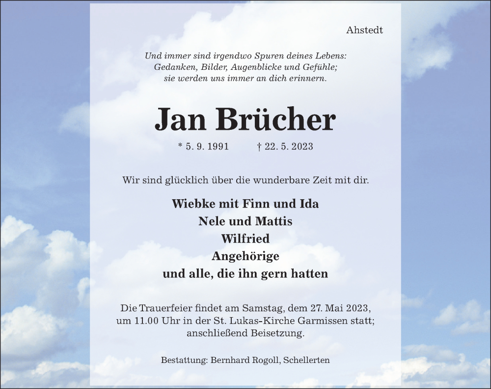 Traueranzeige für Jan Brücher vom 25.05.2023 aus Hildesheimer Allgemeine Zeitung