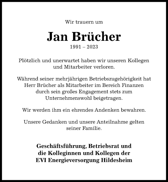 Traueranzeige von Jan Brücher von Hildesheimer Allgemeine Zeitung