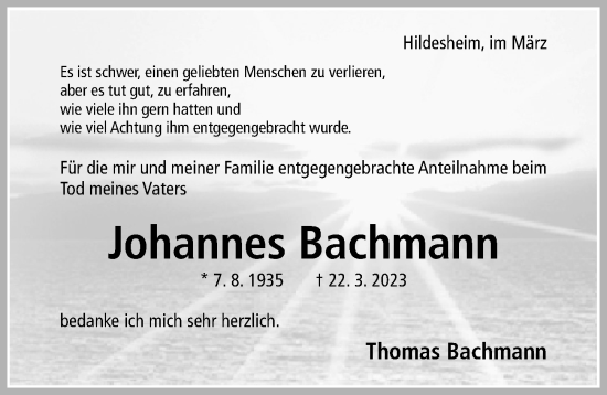 Traueranzeige von Johannes Bachmann von Hildesheimer Allgemeine Zeitung