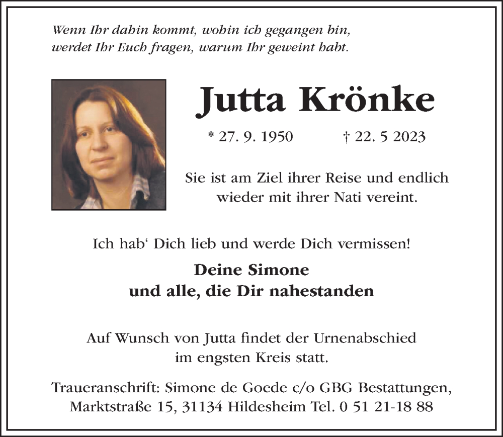  Traueranzeige für Jutta Krönke vom 31.05.2023 aus Hildesheimer Allgemeine Zeitung