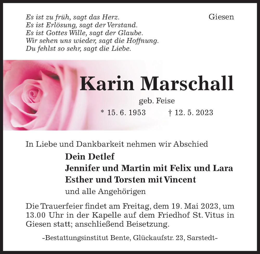  Traueranzeige für Karin Marschall vom 17.05.2023 aus Hildesheimer Allgemeine Zeitung