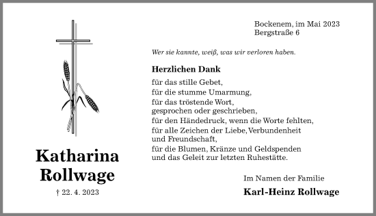 Traueranzeige von Katharina Rollwage von Hildesheimer Allgemeine Zeitung