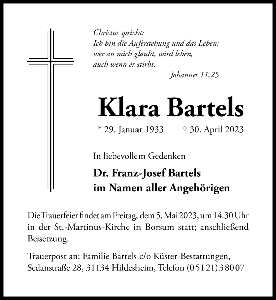 Traueranzeige von Klara Bartels von Hildesheimer Allgemeine Zeitung