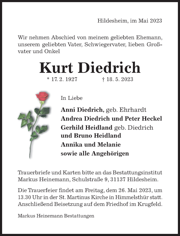  Traueranzeige für Kurt Diedrich vom 24.05.2023 aus Hildesheimer Allgemeine Zeitung