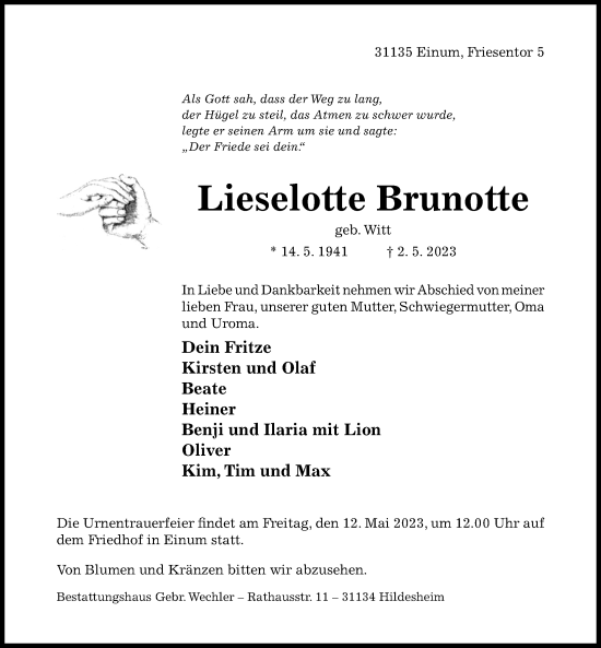 Traueranzeige von Lieselotte Brunotte von Hildesheimer Allgemeine Zeitung