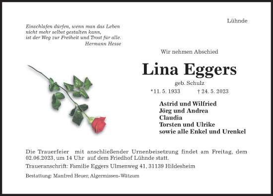 Traueranzeige von Lina Eggers von Hildesheimer Allgemeine Zeitung