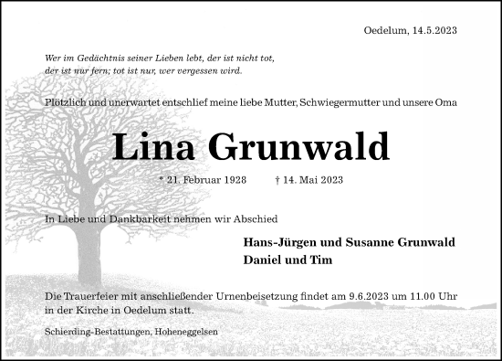 Traueranzeige von Lina Grunwald von Hildesheimer Allgemeine Zeitung