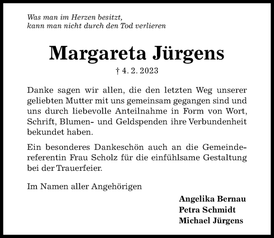 Traueranzeige von Margareta Jürgens von Hildesheimer Allgemeine Zeitung