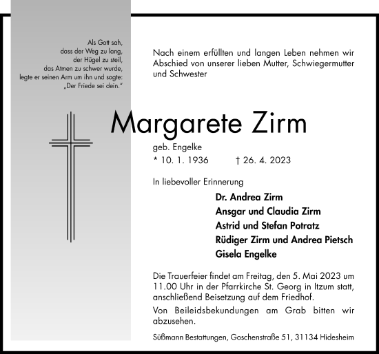 Traueranzeige von Margarete Zirm von Hildesheimer Allgemeine Zeitung