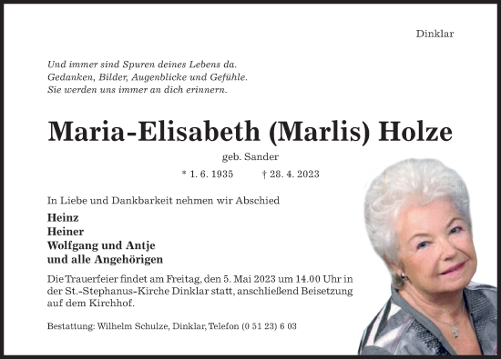 Traueranzeige von Maria-Elisabeth Holze von Hildesheimer Allgemeine Zeitung