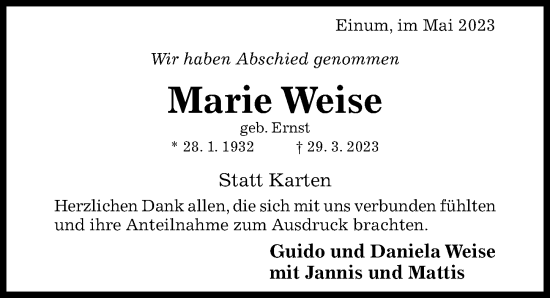 Traueranzeige von Marie Weise von Hildesheimer Allgemeine Zeitung