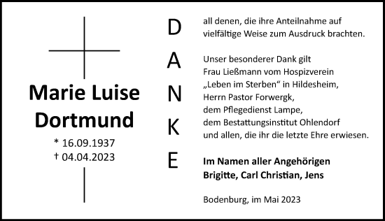 Traueranzeige von Marie Luise Dortmund von Hildesheimer Allgemeine Zeitung