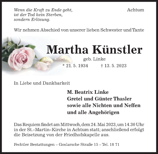 Traueranzeige von Martha Künstler von Hildesheimer Allgemeine Zeitung