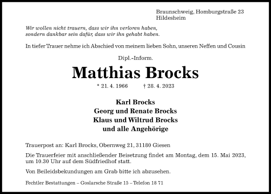 Traueranzeige von Matthias Brocks von Hildesheimer Allgemeine Zeitung