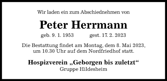 Traueranzeige von Peter Herrmann von Hildesheimer Allgemeine Zeitung