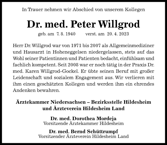 Traueranzeige von Peter Willgrod von Hildesheimer Allgemeine Zeitung