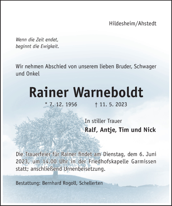 Traueranzeige von Rainer Warneboldt von Hildesheimer Allgemeine Zeitung