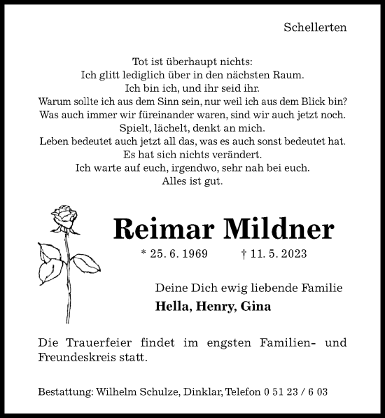 Traueranzeige von Reimar Mildner von Hildesheimer Allgemeine Zeitung