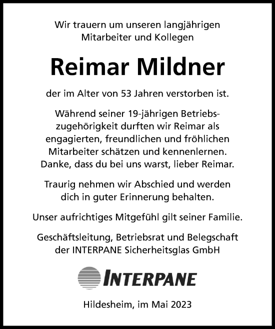 Traueranzeige von Reimar Mildner von Hildesheimer Allgemeine Zeitung