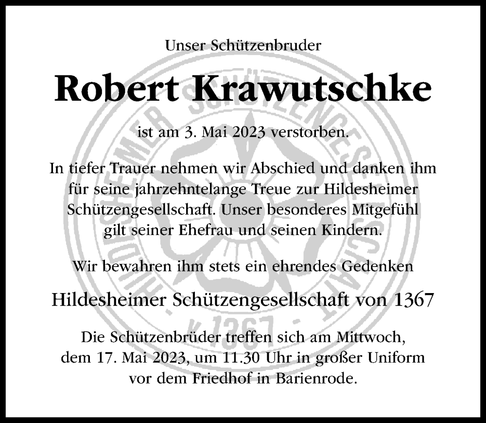  Traueranzeige für Robert Krawutschke vom 13.05.2023 aus Hildesheimer Allgemeine Zeitung