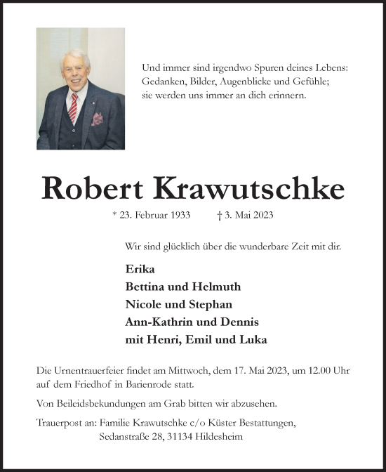 Traueranzeige von Robert Krawutschke von Hildesheimer Allgemeine Zeitung