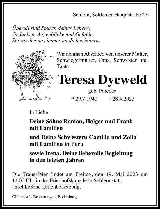 Traueranzeige von Teresa Dycweld von Hildesheimer Allgemeine Zeitung