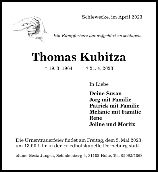 Traueranzeige von Thomas Kubitza von Hildesheimer Allgemeine Zeitung