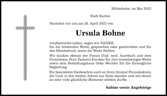 Traueranzeige von Ursula Bohne von Hildesheimer Allgemeine Zeitung