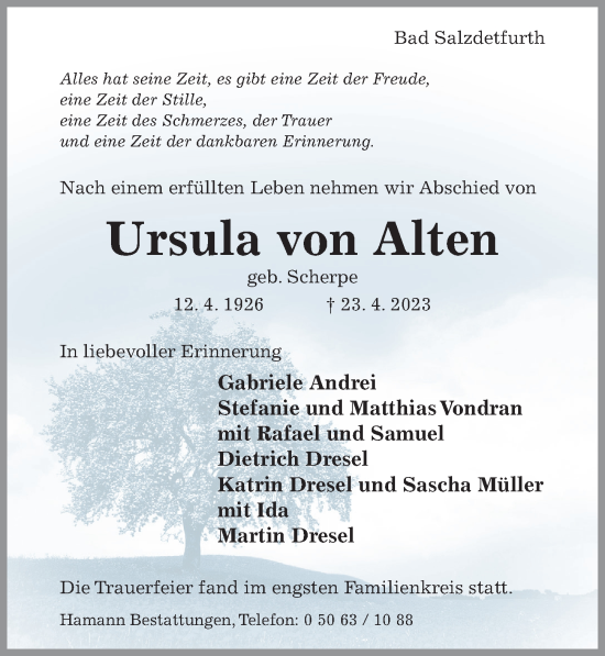 Traueranzeige von Ursula von Alten von Hildesheimer Allgemeine Zeitung