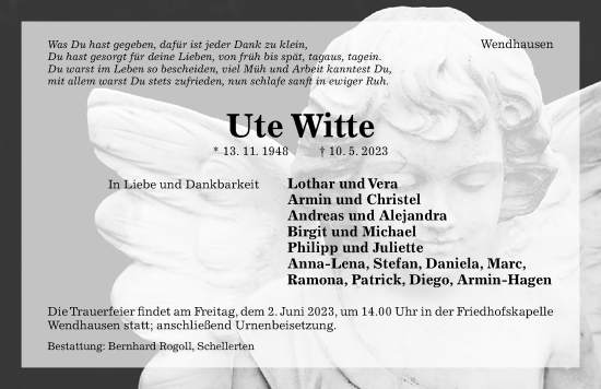 Traueranzeige von Ute Witte von Hildesheimer Allgemeine Zeitung