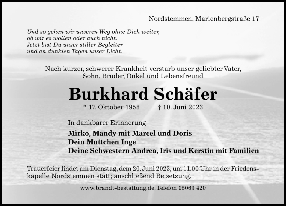  Traueranzeige für Burkhard Schäfer vom 15.06.2023 aus 