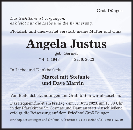 Traueranzeige von Angela Justus von Hildesheimer Allgemeine Zeitung