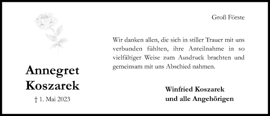 Traueranzeige von Annegret Koszarek von Hildesheimer Allgemeine Zeitung