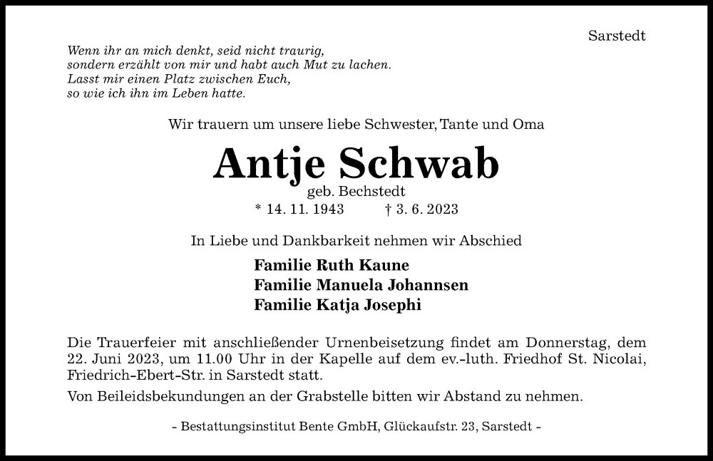  Traueranzeige für Antje Schwab vom 07.06.2023 aus Hildesheimer Allgemeine Zeitung