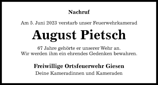 Traueranzeige von August Pietsch von Hildesheimer Allgemeine Zeitung