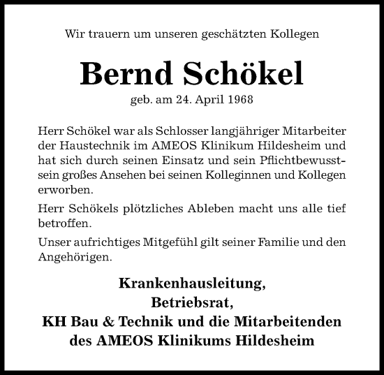 Traueranzeige von Bernd Schökel von Hildesheimer Allgemeine Zeitung