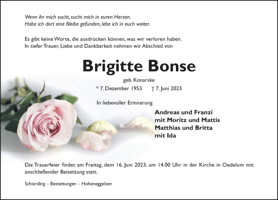 Traueranzeige von Brigitte Bonse von Hildesheimer Allgemeine Zeitung