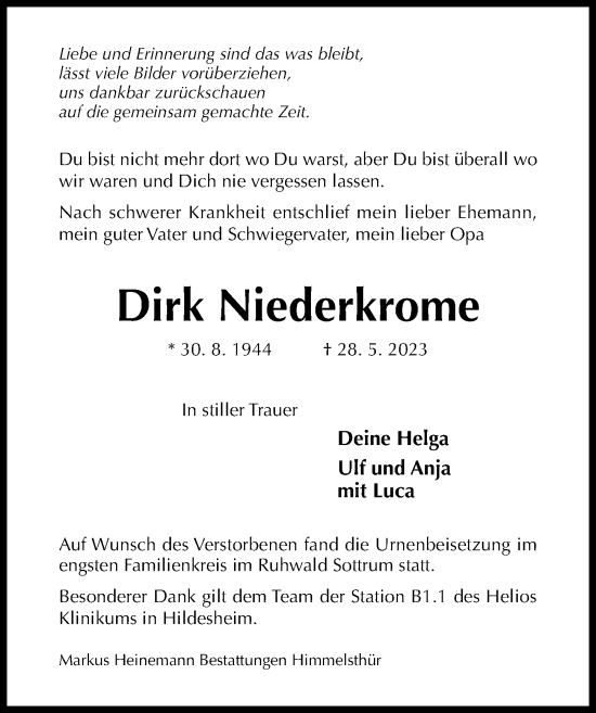 Traueranzeige von Dirk Niederkrome von Hildesheimer Allgemeine Zeitung