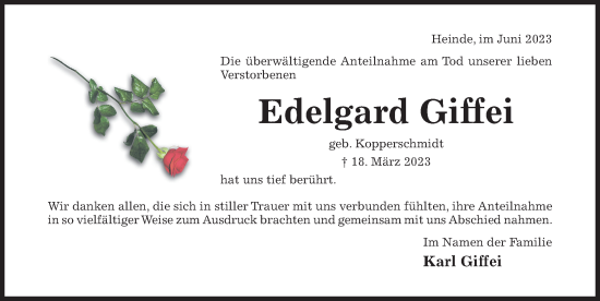 Traueranzeige von Edelgard Giffei von Hildesheimer Allgemeine Zeitung